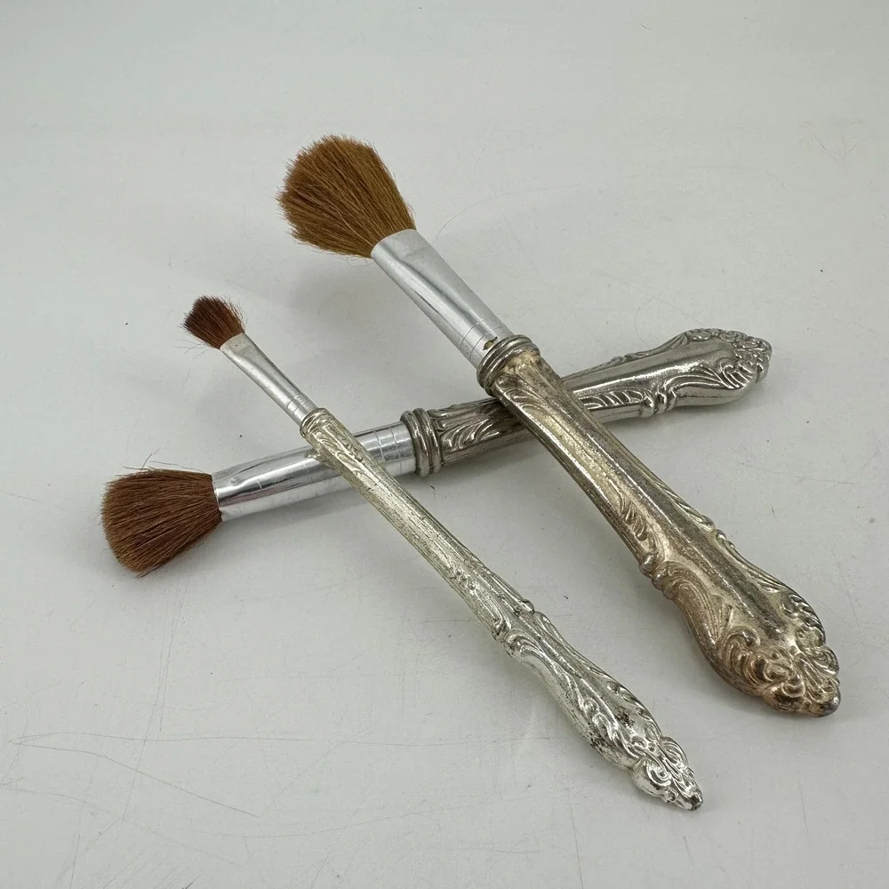 Vintage Ornate Silver Tone Repousse Makeup Brush Set of 3 Floral Scroll Vanity